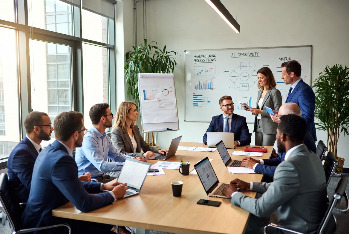 Executive team conducting AI strategy meeting